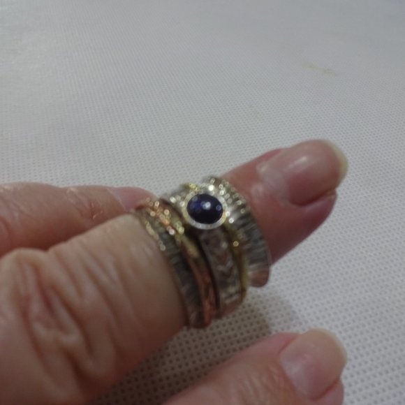 Whimsical "SPINNER RING in SILVER, GOLD & COPPER with BLUE SUNSTONE" Ring - Picture 2 of 3